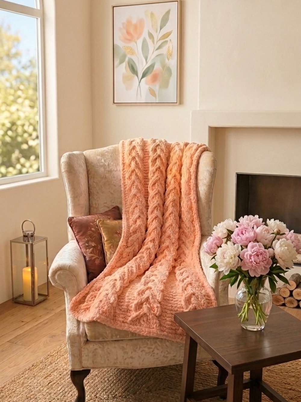 Cozy Apricot Heart Cable Hand Knit Throw Blanket - Unbranded